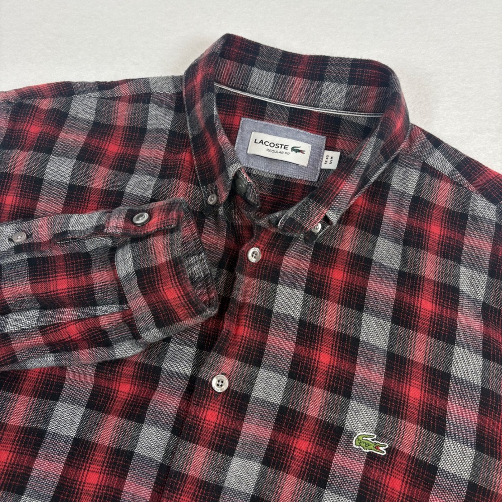 Lacoste Flannel Shirt Mens M 40 Red Black Plaid Regular Button Down Gorpcore